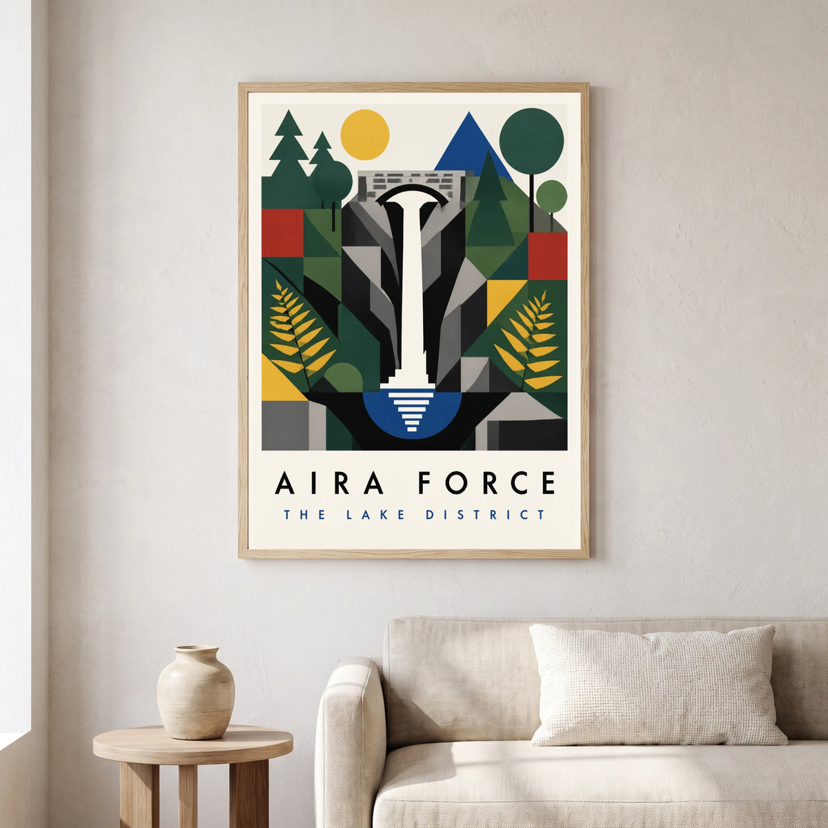 Aira Force travel poster in a natural frame, hanging in a living