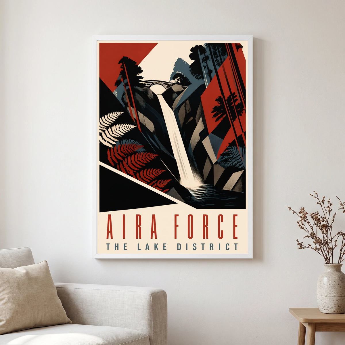 Aira Force travel poster in a white frame, hanging in a living2