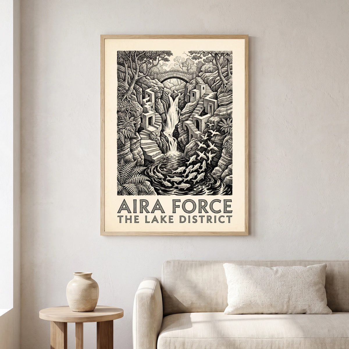 Aira Force travel poster in a natural frame, hanging in a living
