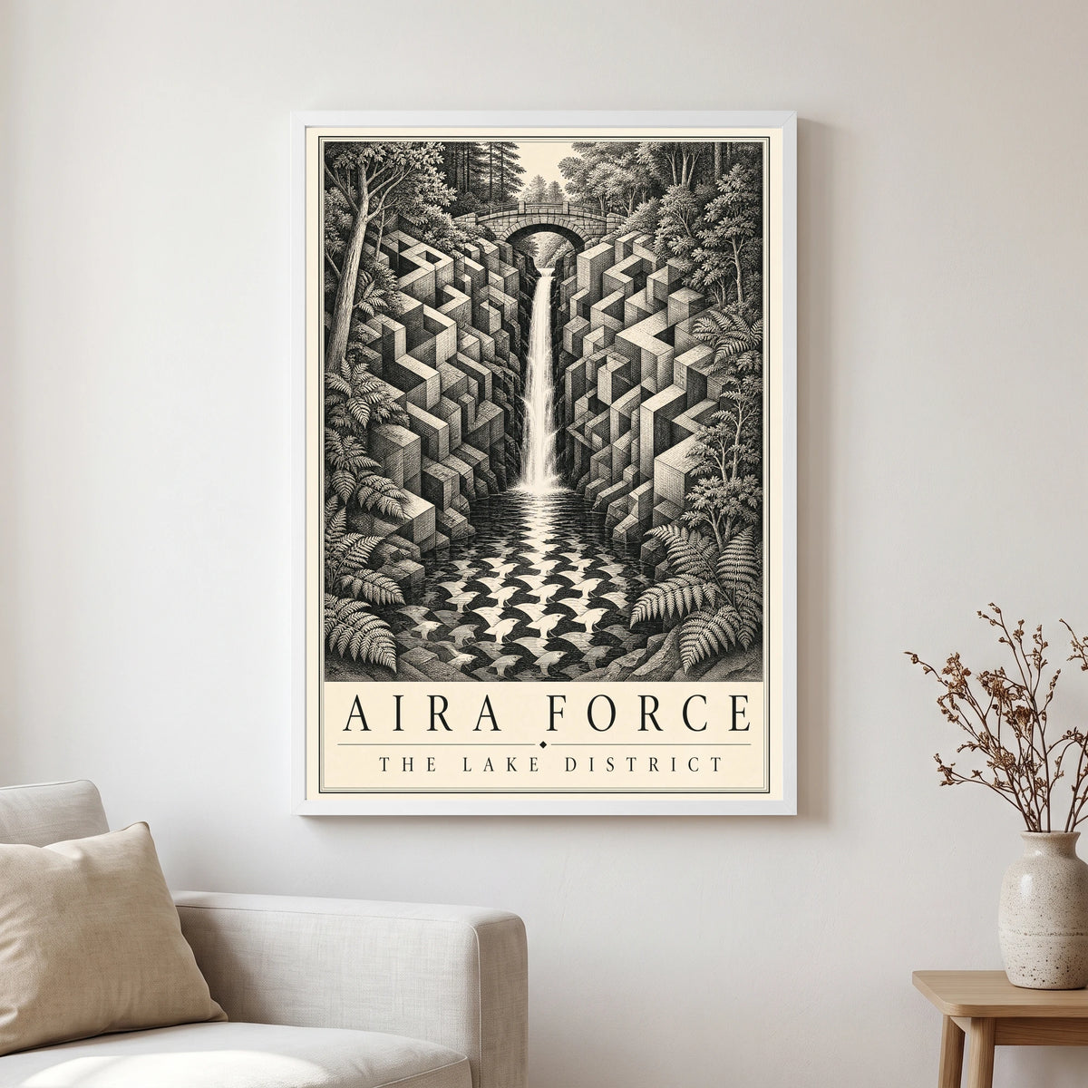 Aira Force travel poster in a white frame, hanging in a living2