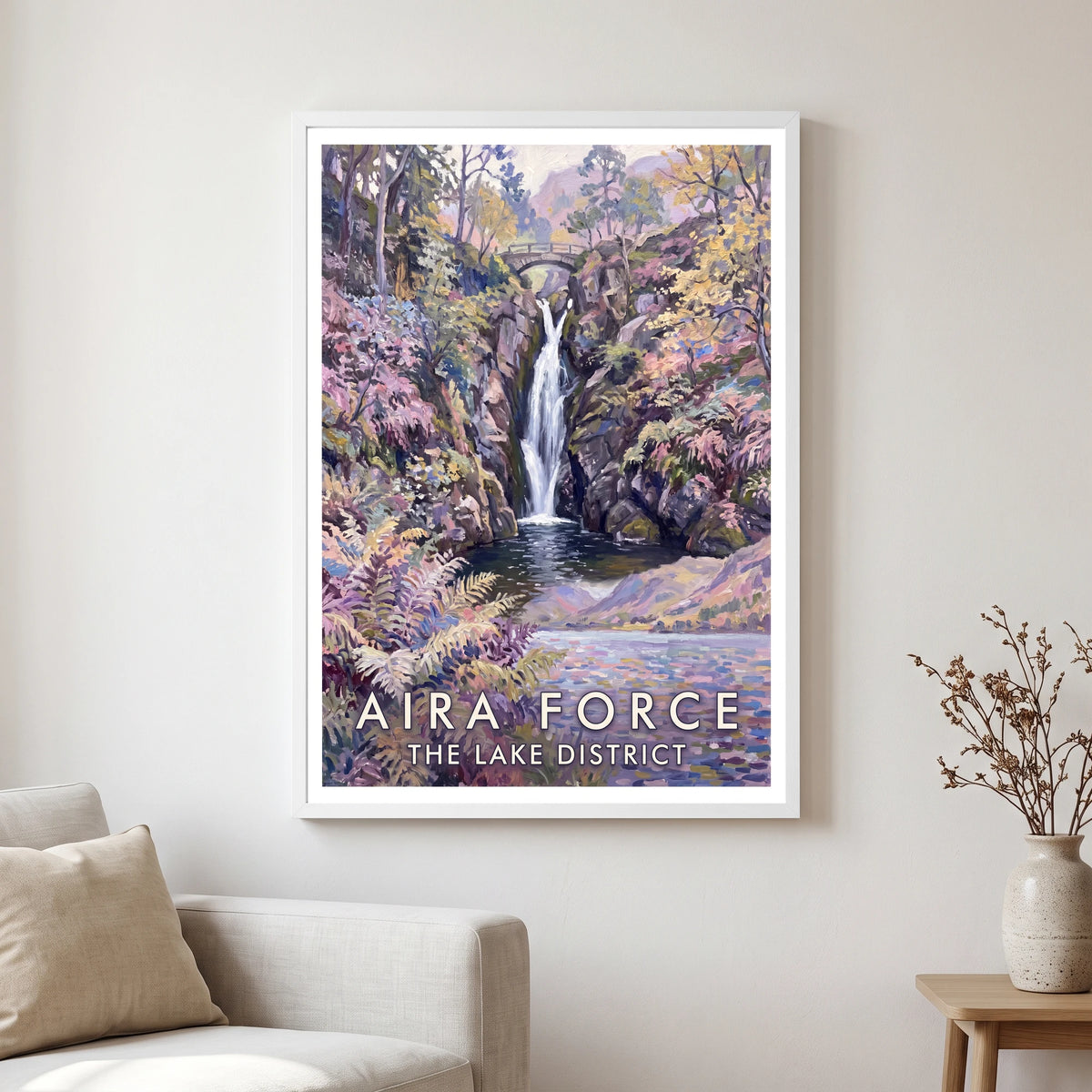 Aira Force travel poster in a white frame, hanging in a living2