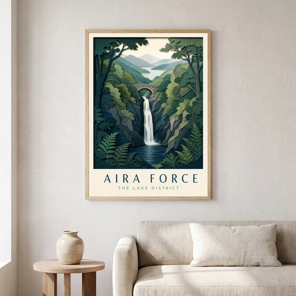 Aira Force travel poster in a natural frame, hanging in a living