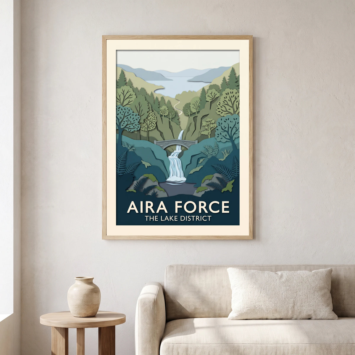 Aira Force travel poster in a natural frame, hanging in a living