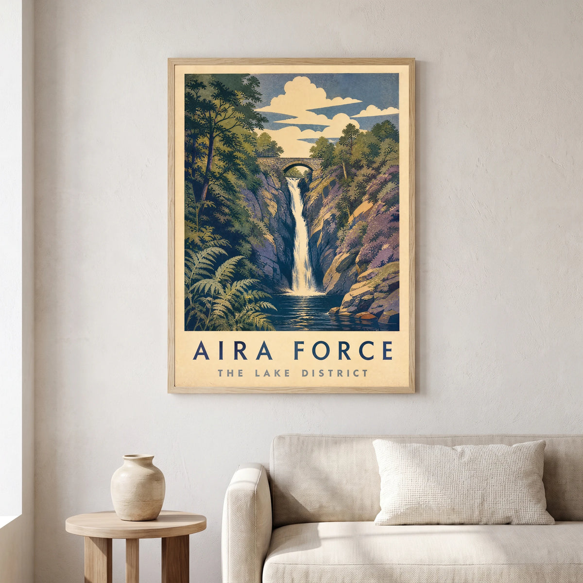 Aira Force travel poster in a natural frame, hanging in a living