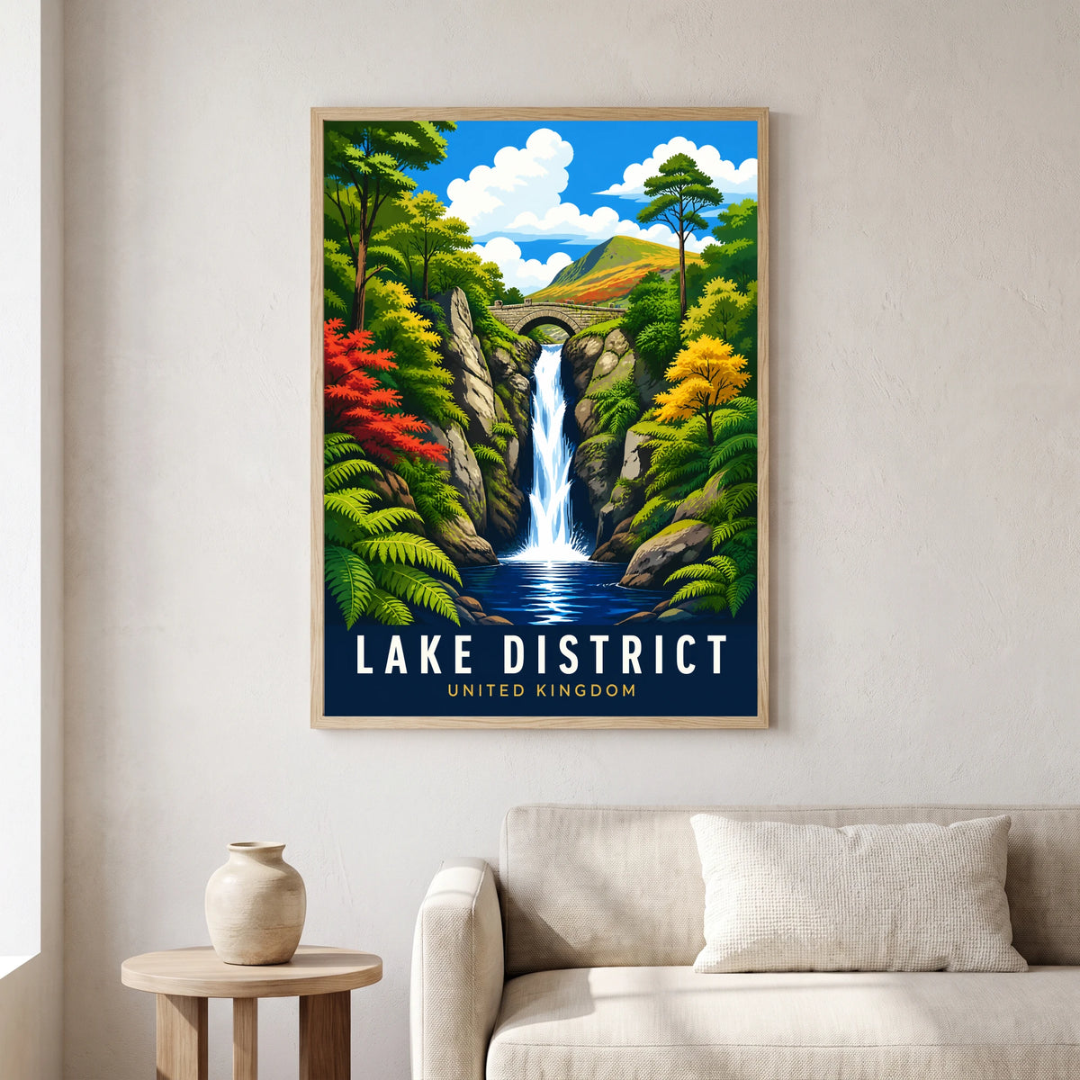 Aira Force travel poster in a natural frame, hanging in a living