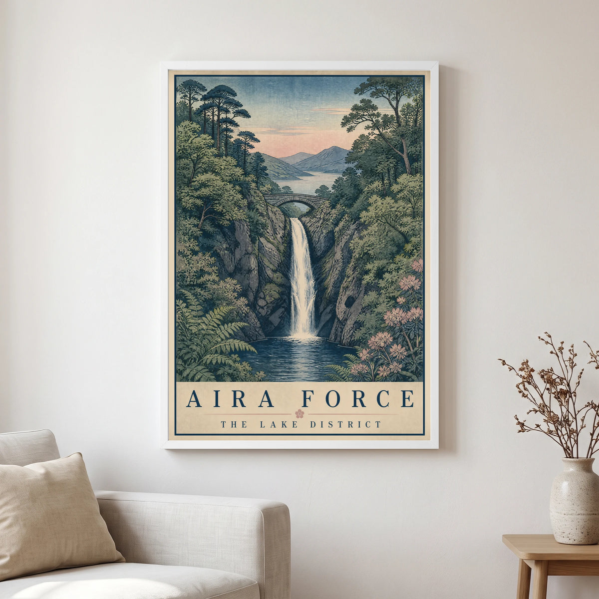 Aira Force travel poster in a white frame, hanging in a living2