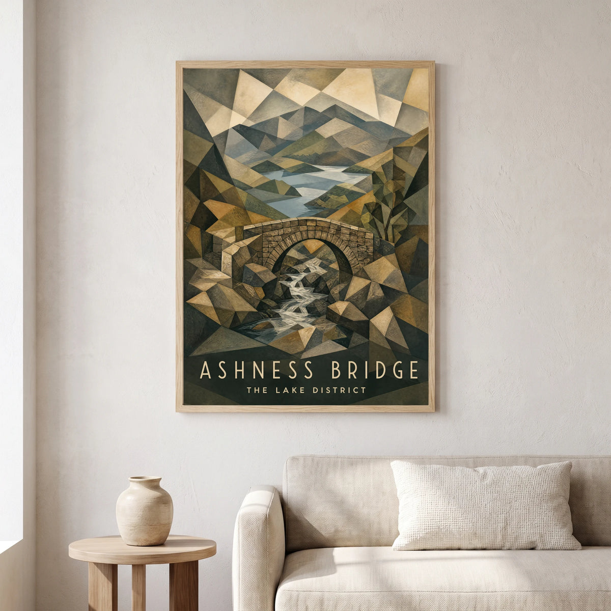 Ashness Bridge travel poster in a natural frame, hanging in a living