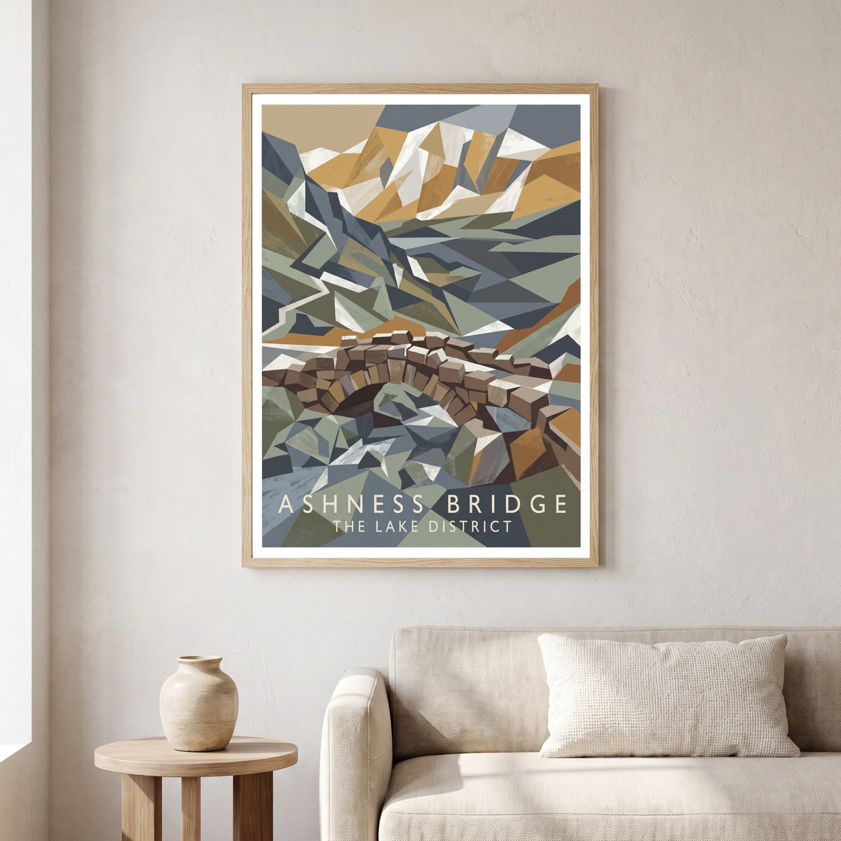 Ashness Bridge travel poster in a natural frame, hanging in a living
