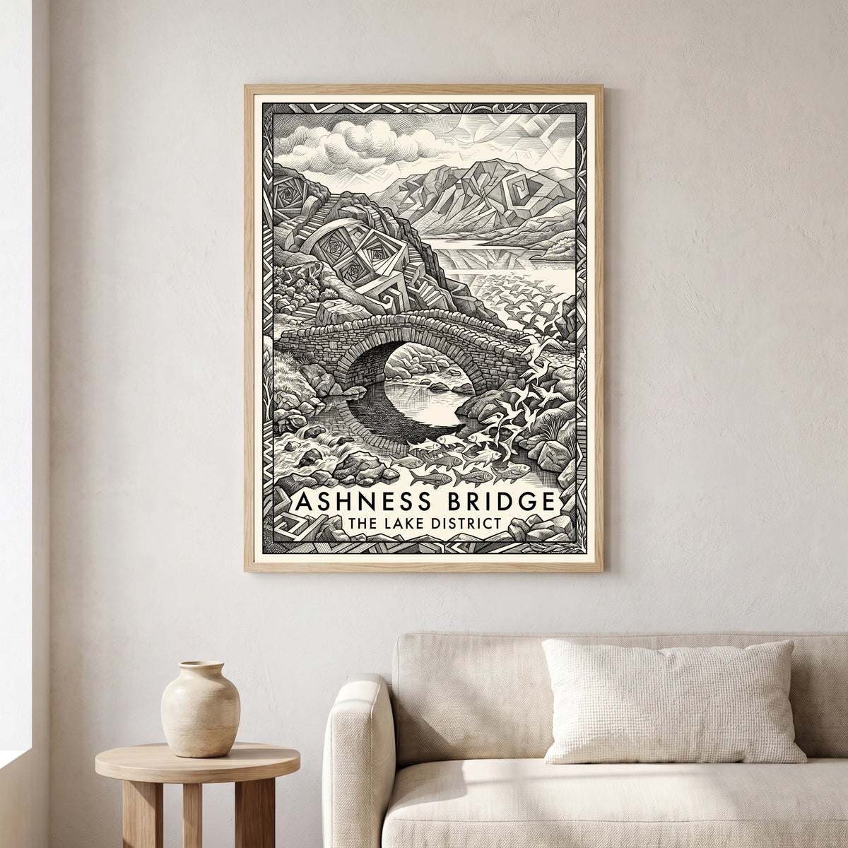 Ashness Bridge travel poster in a natural frame, hanging in a living