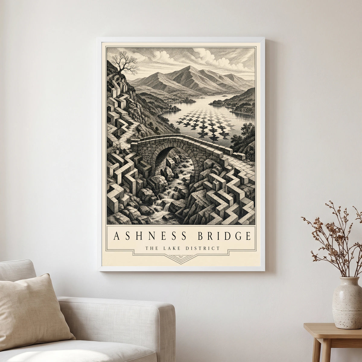 Ashness Bridge travel poster in a white frame, hanging in a living2