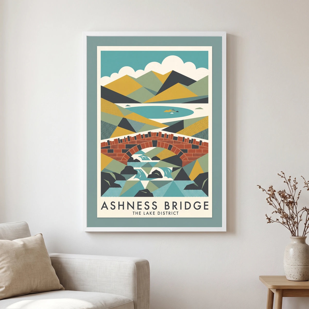 Ashness Bridge travel poster in a white frame, hanging in a living2