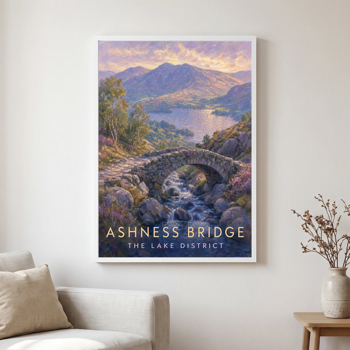 Ashness Bridge travel poster in a white frame, hanging in a living2