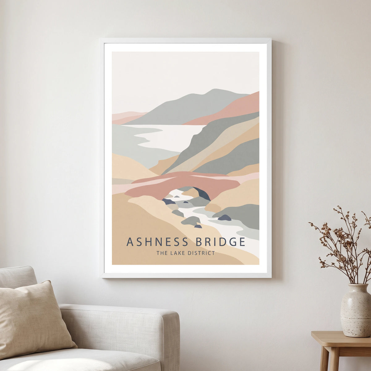 Ashness Bridge travel poster in a white frame, hanging in a living2