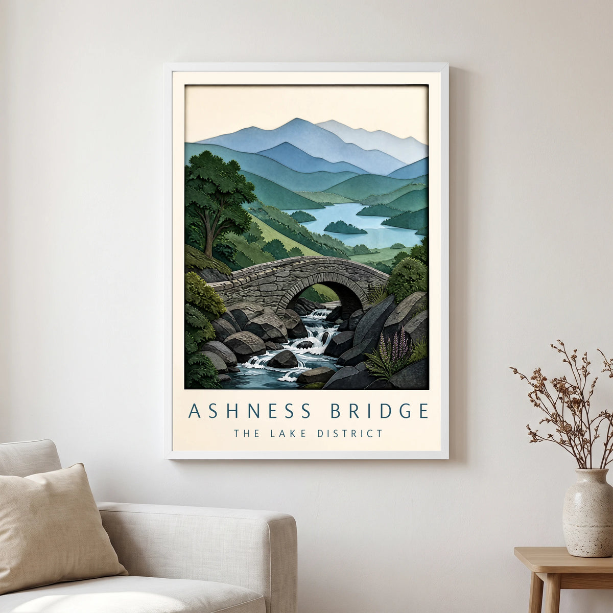 Ashness Bridge travel poster in a white frame, hanging in a living2
