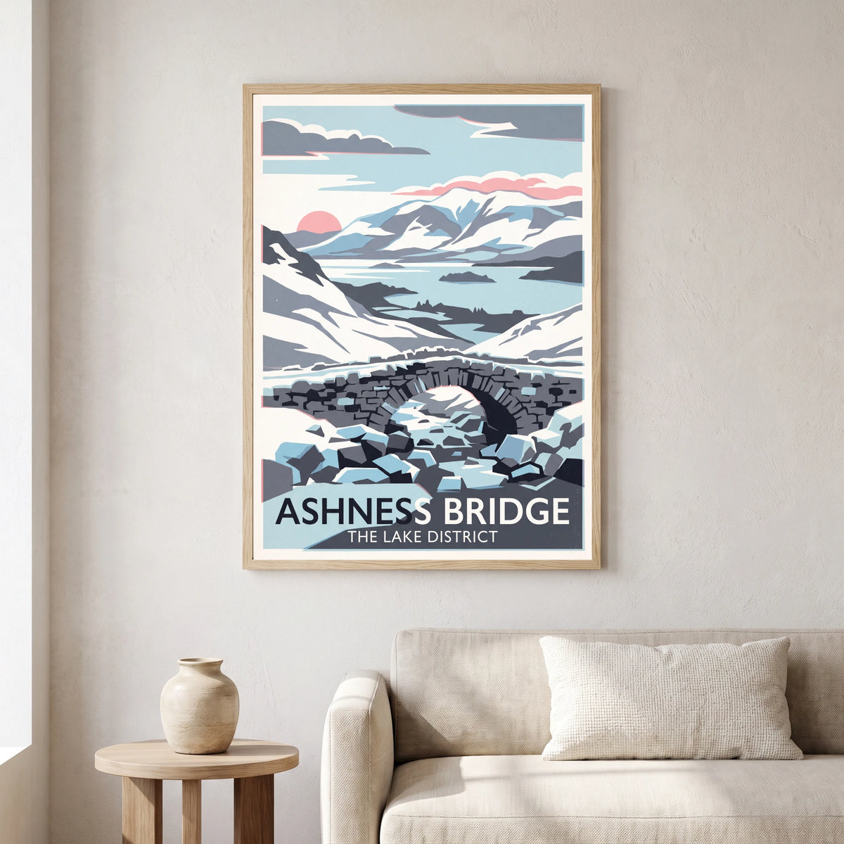 Ashness Bridge travel poster in a natural frame, hanging in a living
