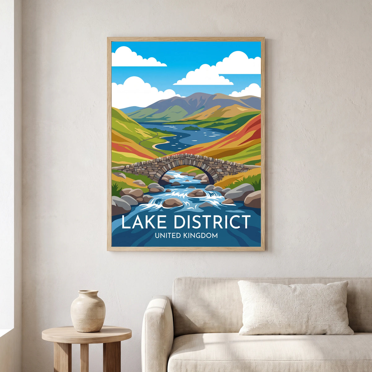 Ashness Bridge travel poster in a natural frame, hanging in a living