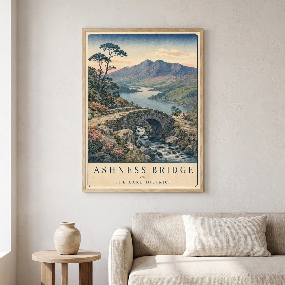 Ashness Bridge travel poster in a natural frame, hanging in a living