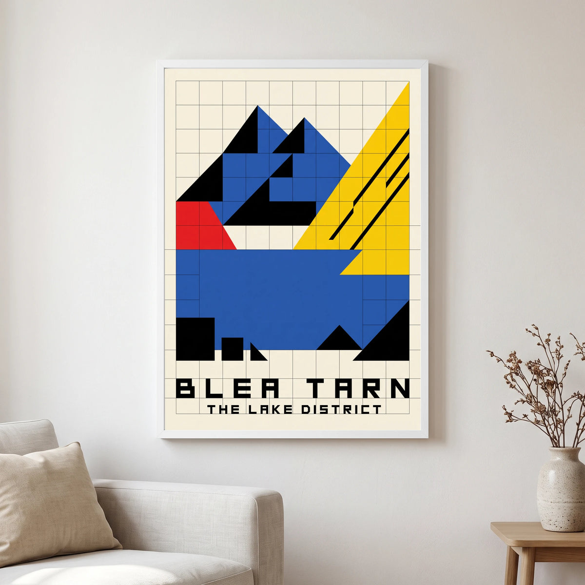 Blea Tarn travel poster in a white frame, hanging in a living2