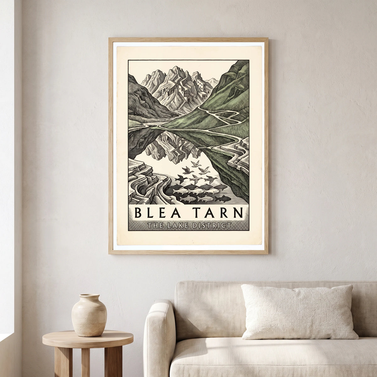 Blea Tarn travel poster in a natural frame, hanging in a living