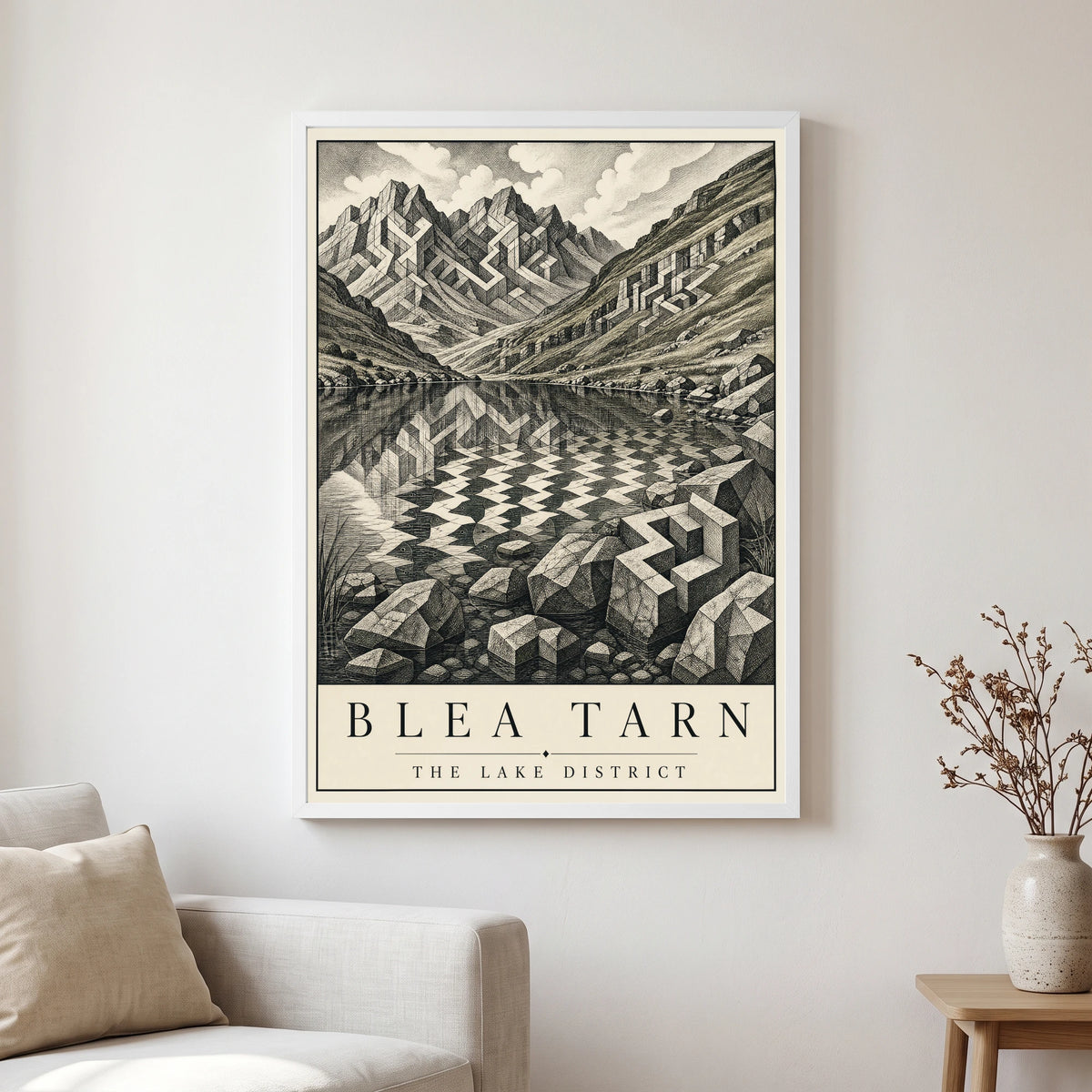 Blea Tarn travel poster in a white frame, hanging in a living2