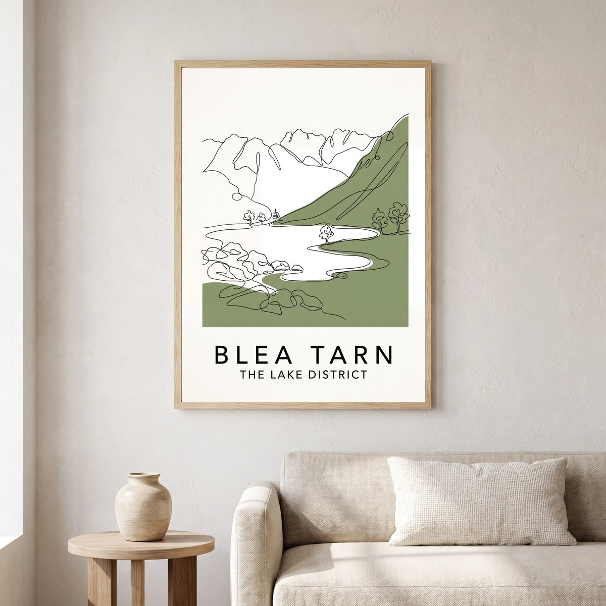 Blea Tarn travel poster in a natural frame, hanging in a living
