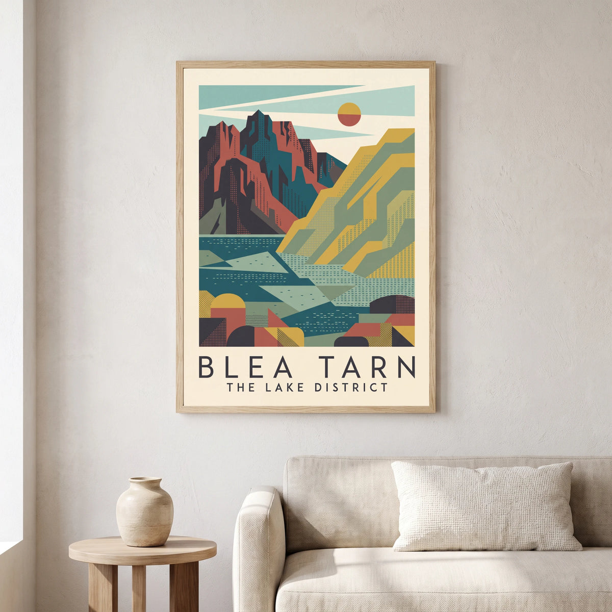 Blea Tarn travel poster in a natural frame, hanging in a living