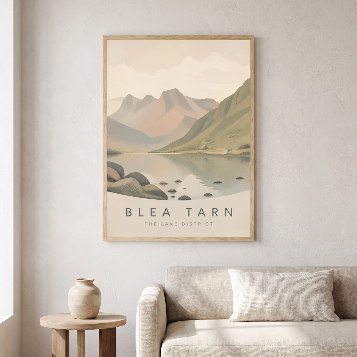 Blea Tarn travel poster in a natural frame, hanging in a living