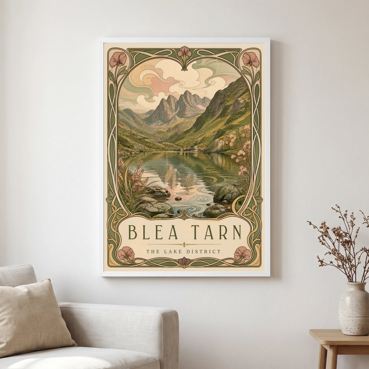 Blea Tarn travel poster in a white frame, hanging in a living2