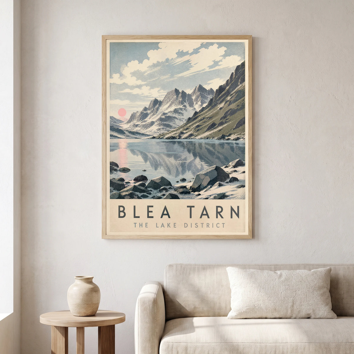 Blea Tarn travel poster in a natural frame, hanging in a living