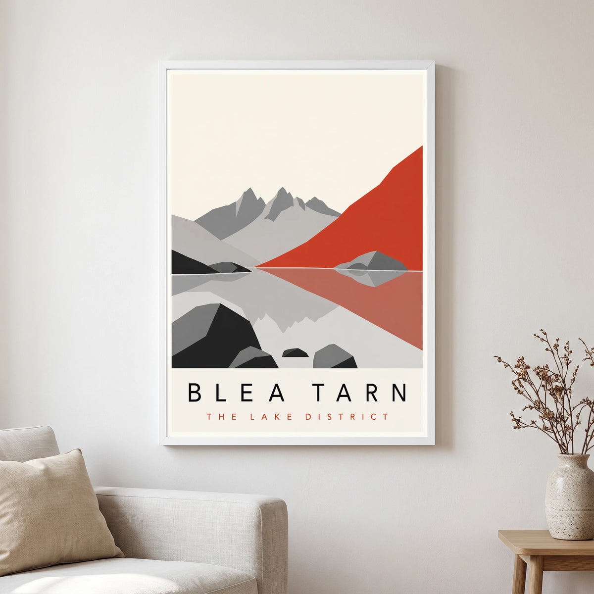 Blea Tarn travel poster in a white frame, hanging in a living2