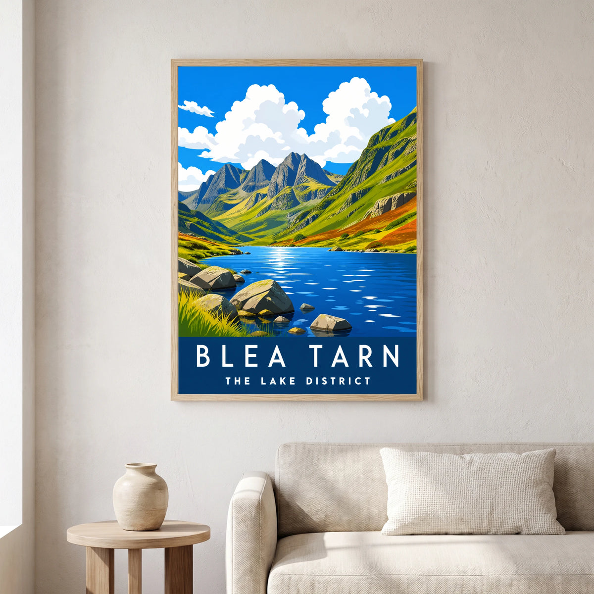 Blea Tarn travel poster in a natural frame, hanging in a living