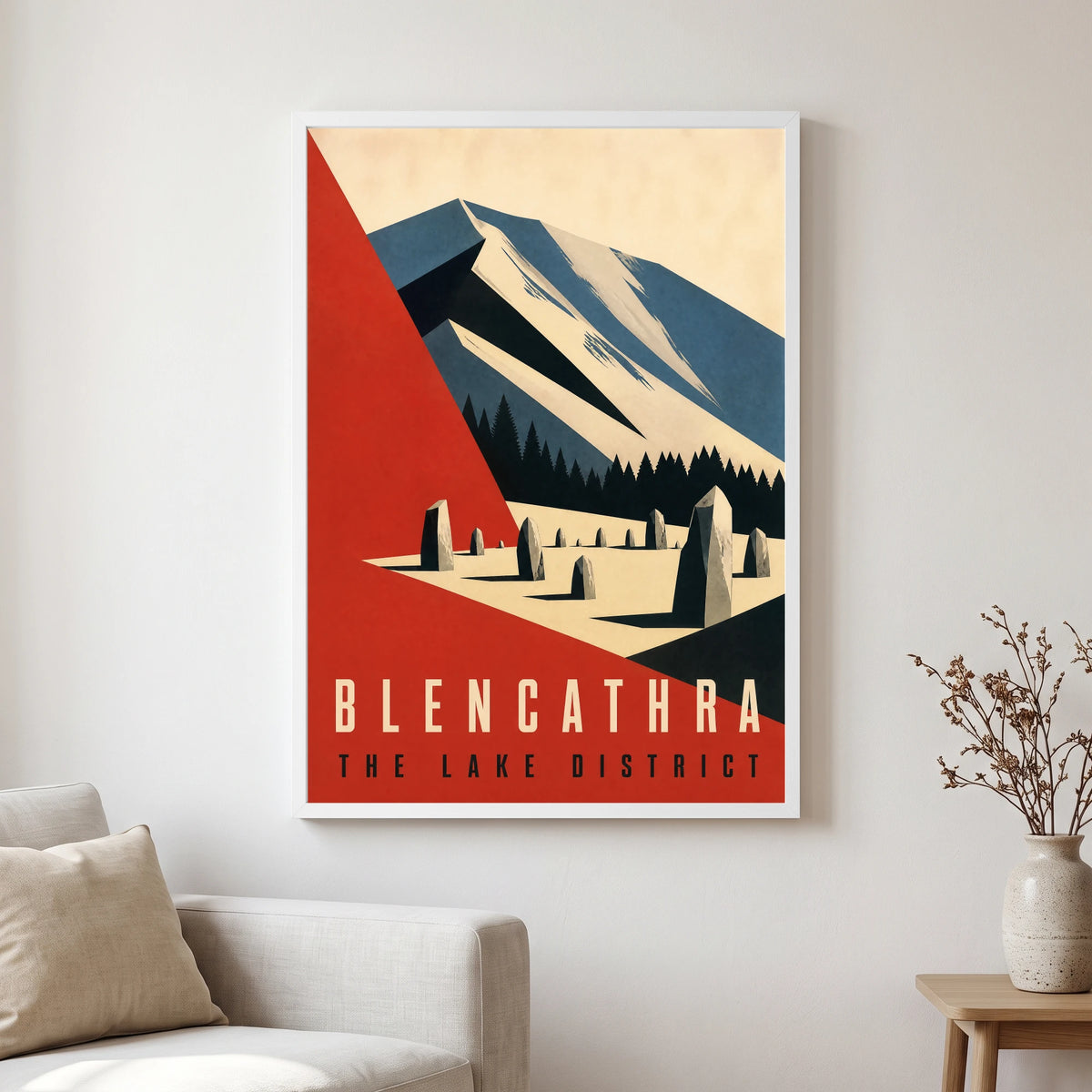 Blencathra travel poster in a white frame, hanging in a living2