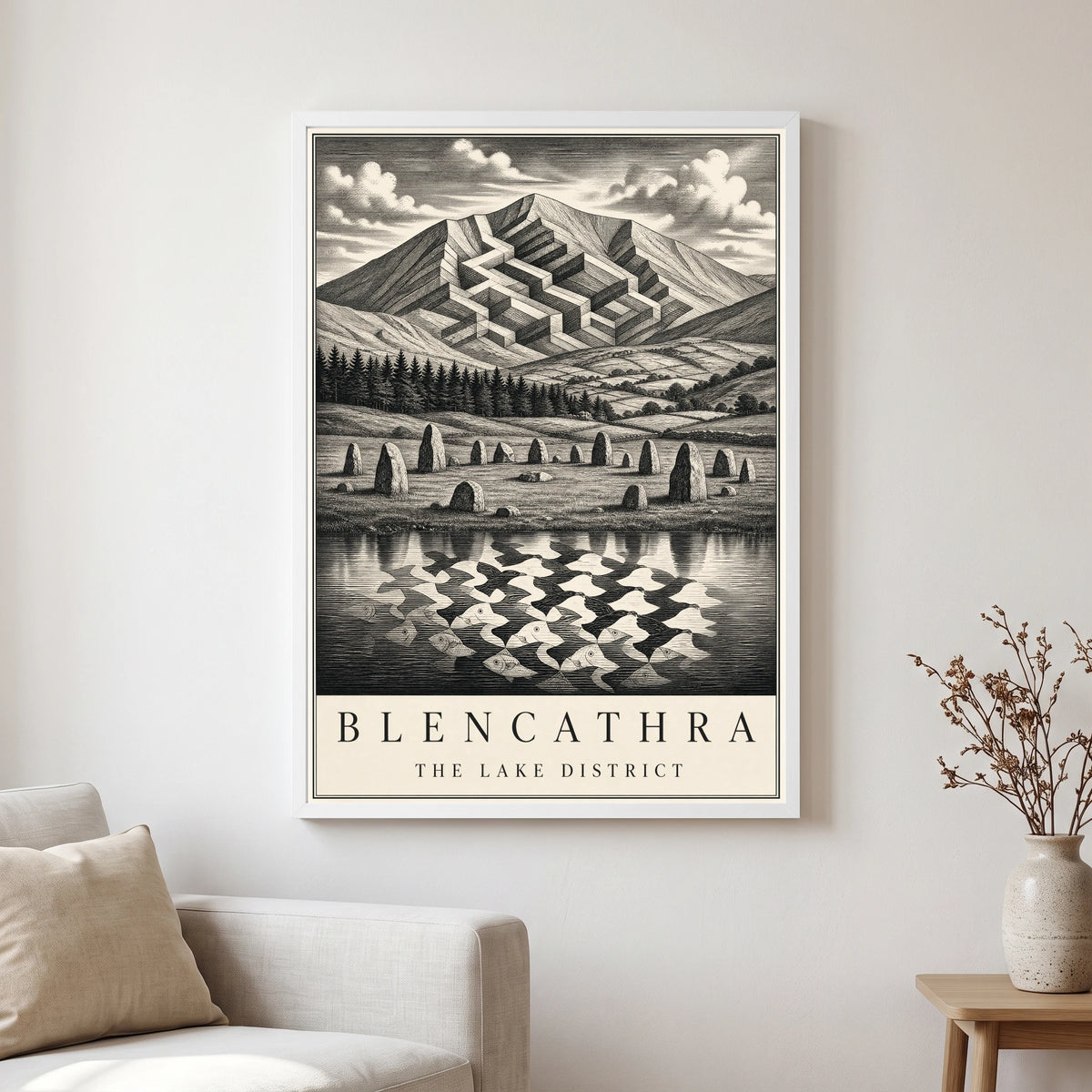 Blencathra travel poster in a white frame, hanging in a living2