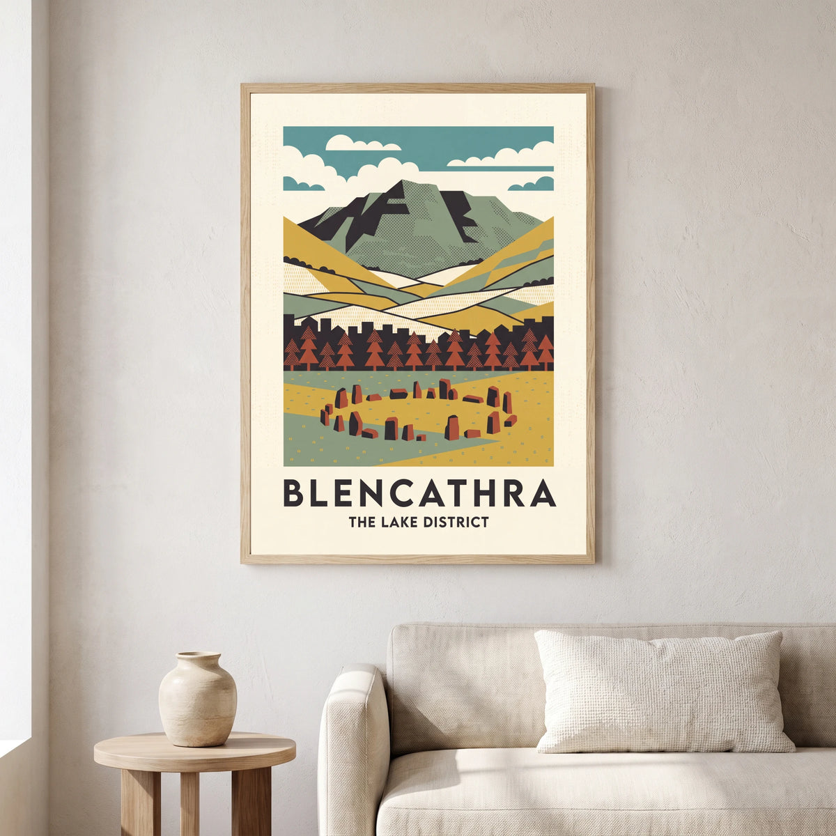 Blencathra travel poster in a natural frame, hanging in a living