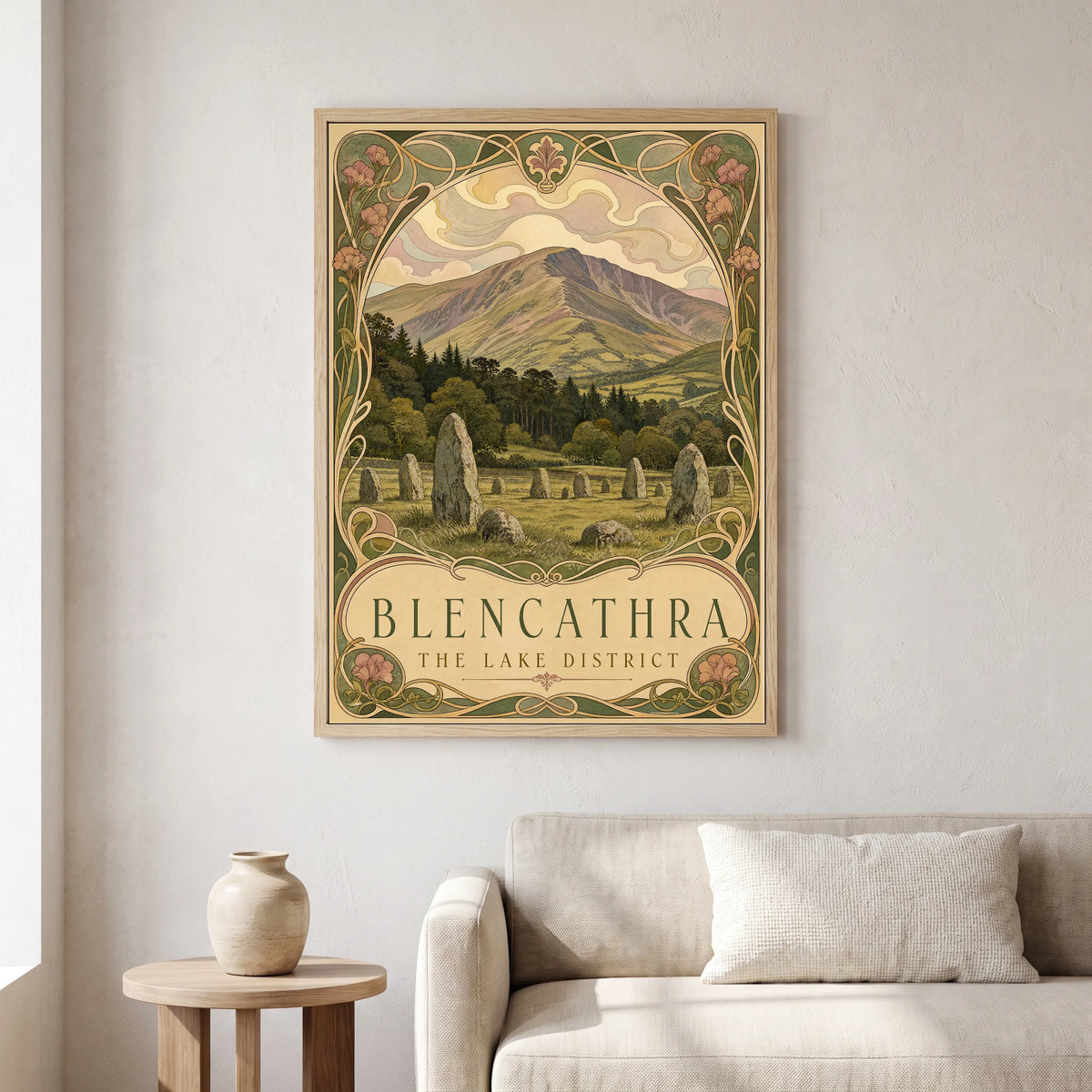 Blencathra travel poster in a natural frame, hanging in a living