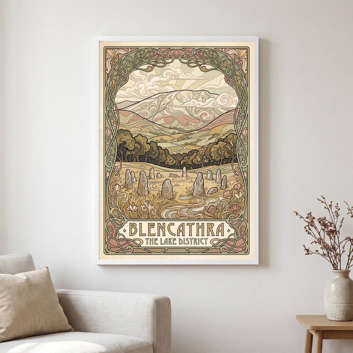 Blencathra travel poster in a white frame, hanging in a living2