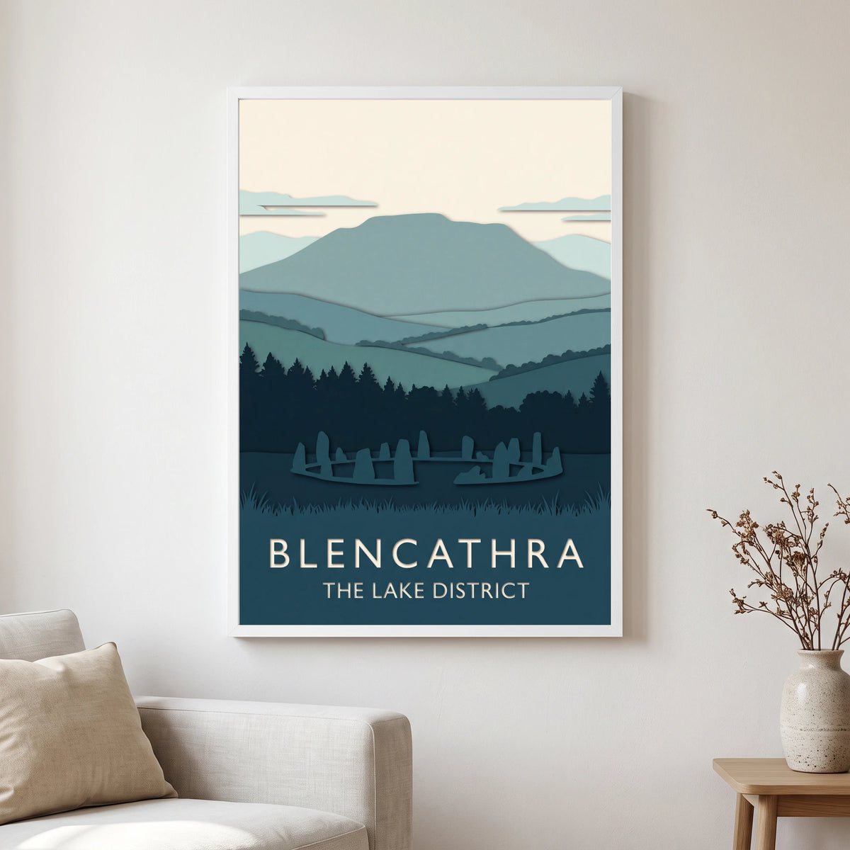 Blencathra travel poster in a white frame, hanging in a living2
