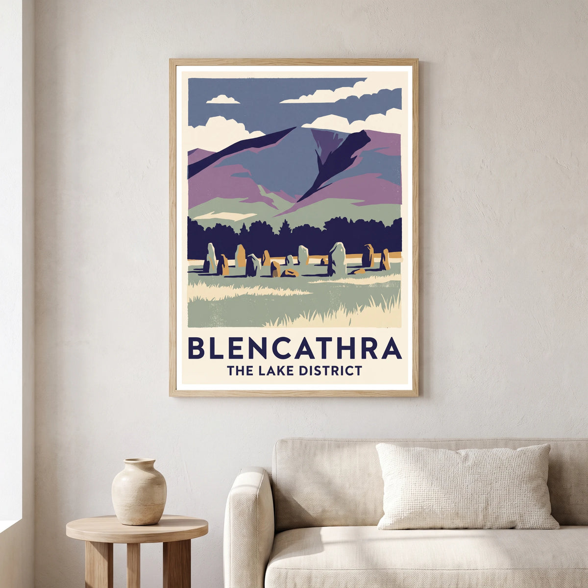 Blencathra travel poster in a natural frame, hanging in a living