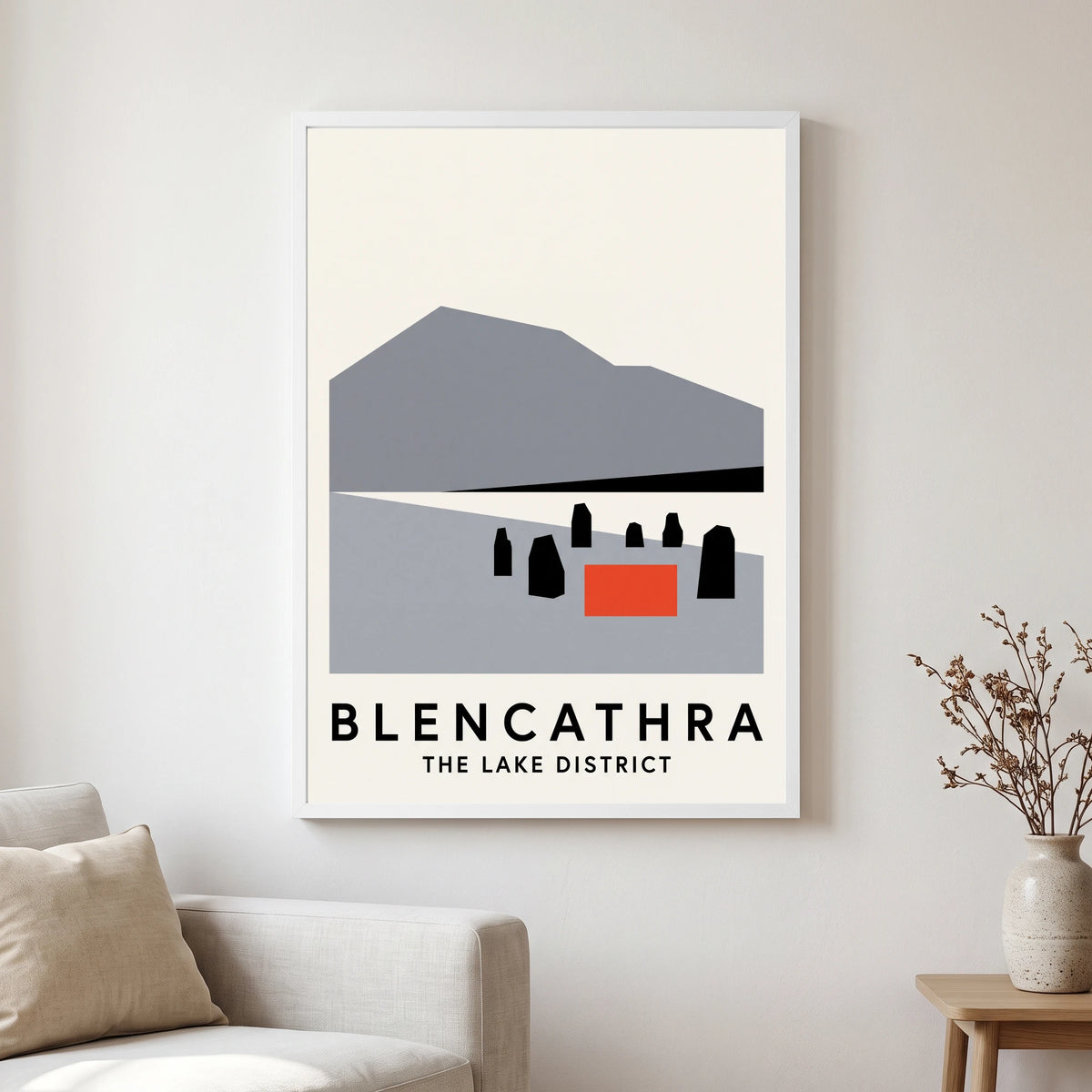 Blencathra travel poster in a white frame, hanging in a living2