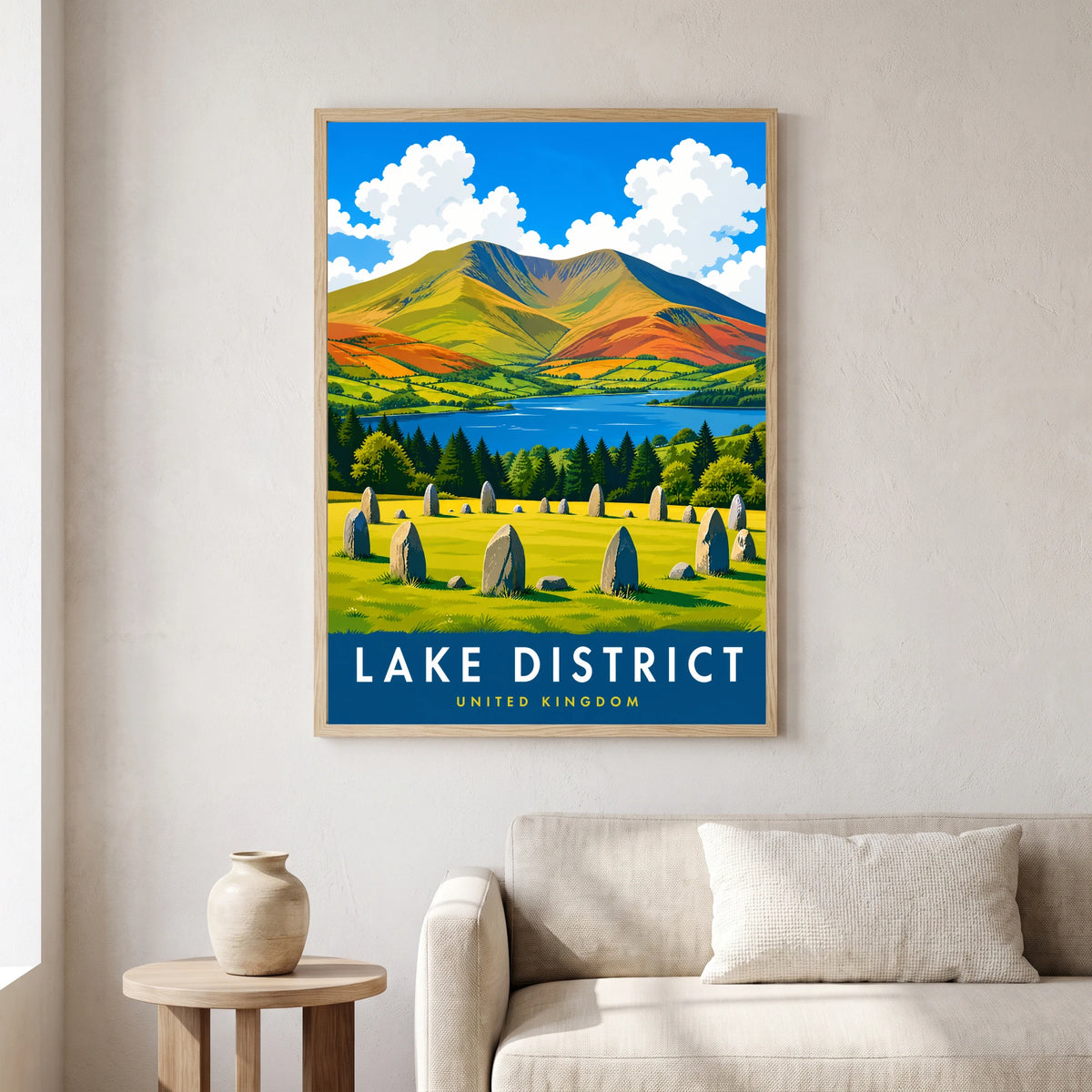 Blencathra travel poster in a natural frame, hanging in a living