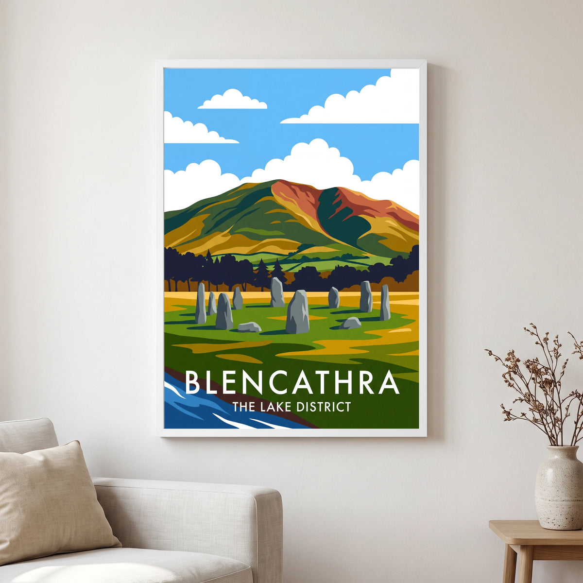 Blencathra travel poster in a white frame, hanging in a living2