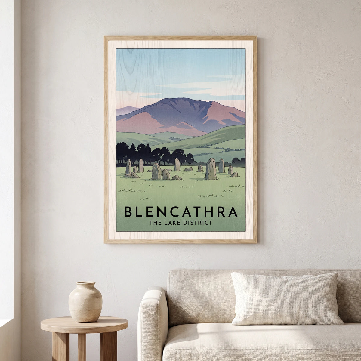 Blencathra travel poster in a natural frame, hanging in a living