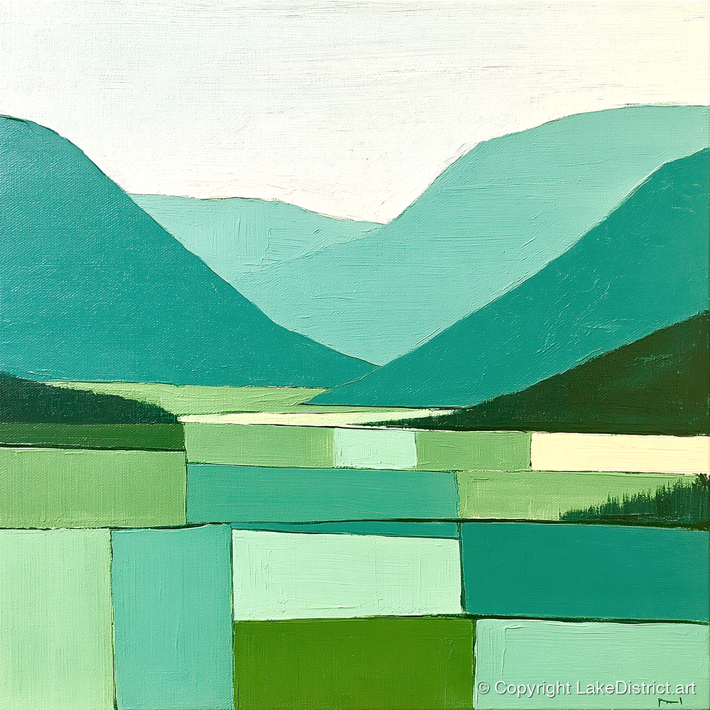Borrowdale Valley in Bold Greens - lake district valley art print and canvas by Sebastian Finch A.I
