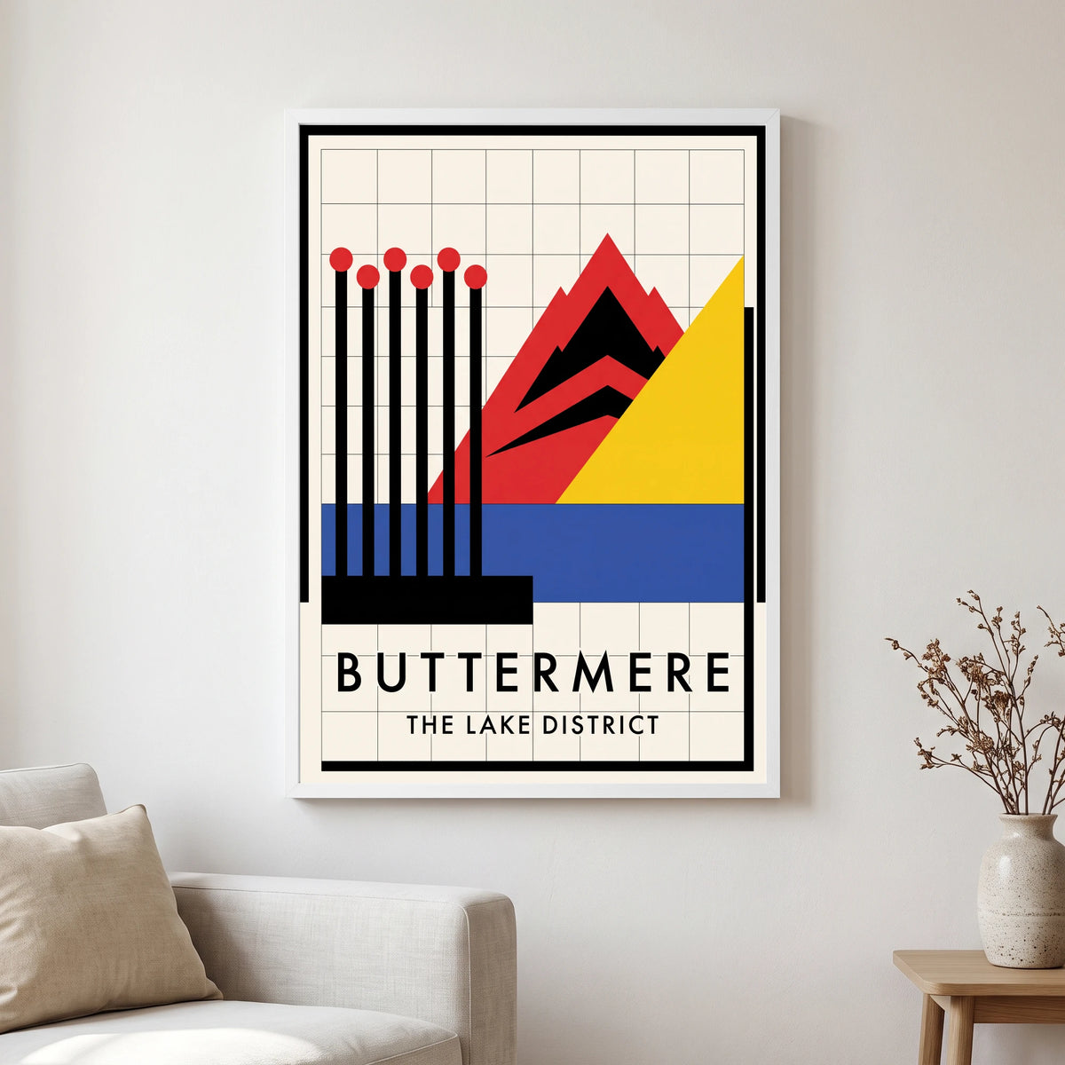 Buttermere travel poster in a white frame, hanging in a living2