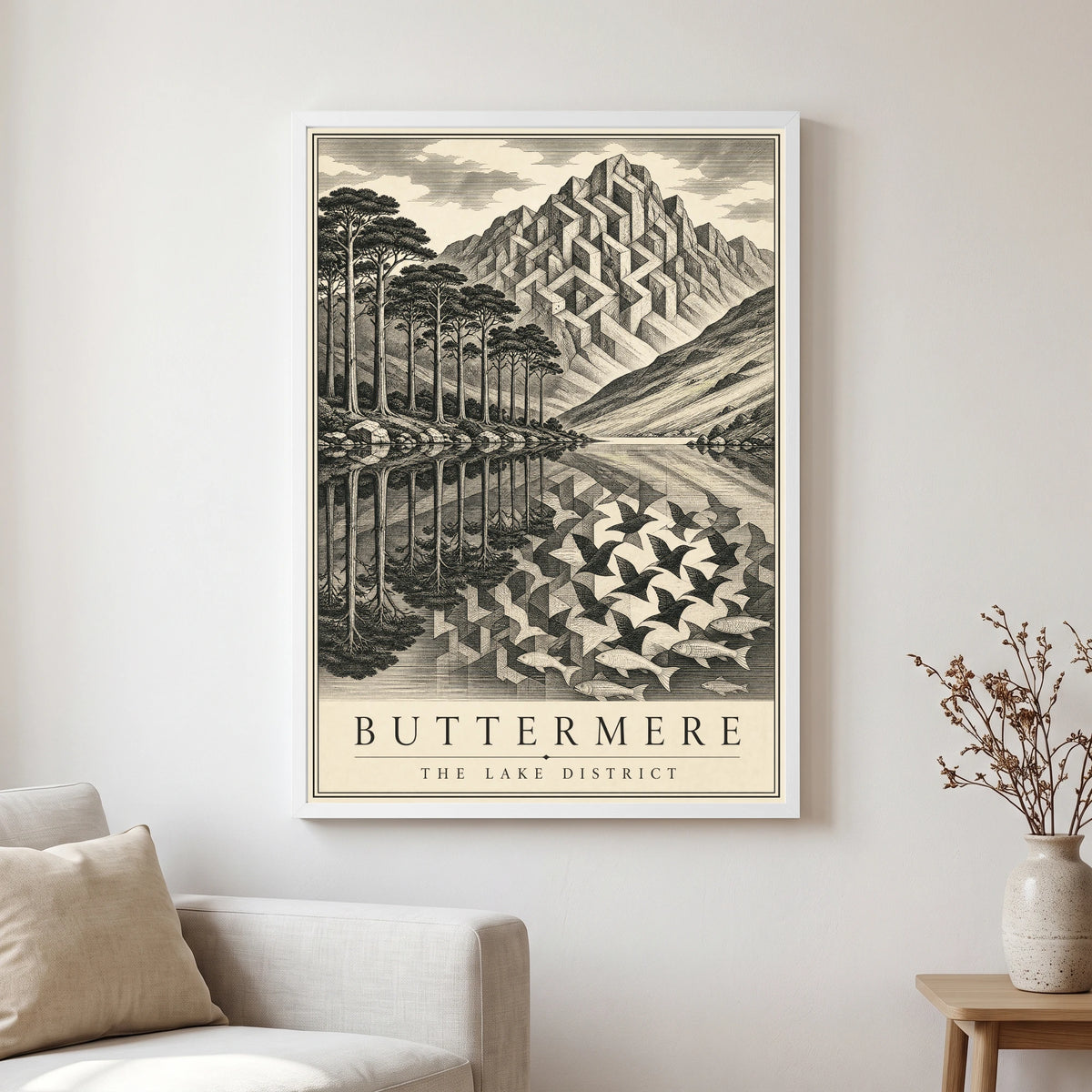 Buttermere travel poster in a white frame, hanging in a living2