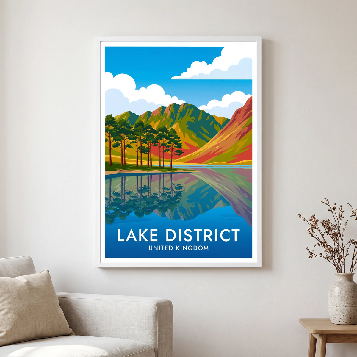Buttermere travel poster in a white frame, hanging in a living2