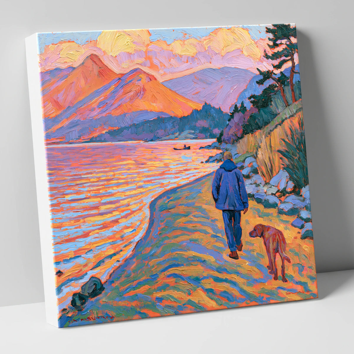 Vibrant Derwentwater Dog Walk gifts for dog walkers canvas wall art
