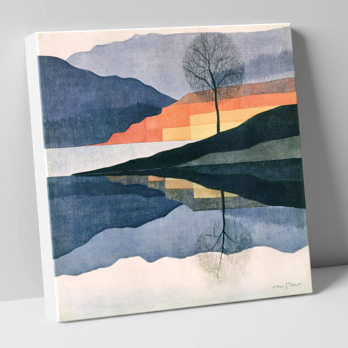 Lake Reflection in Indigo and Terracotta lake district lake canvas wall art