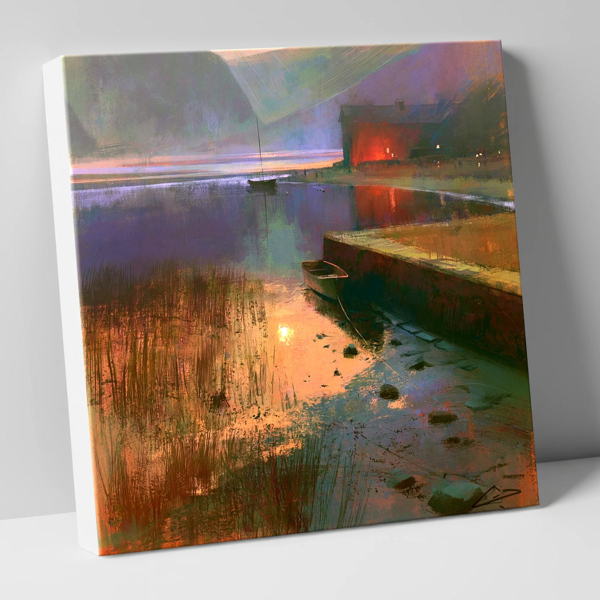 Moored Boat at Indigo Dawn lake district lake canvas wall art
