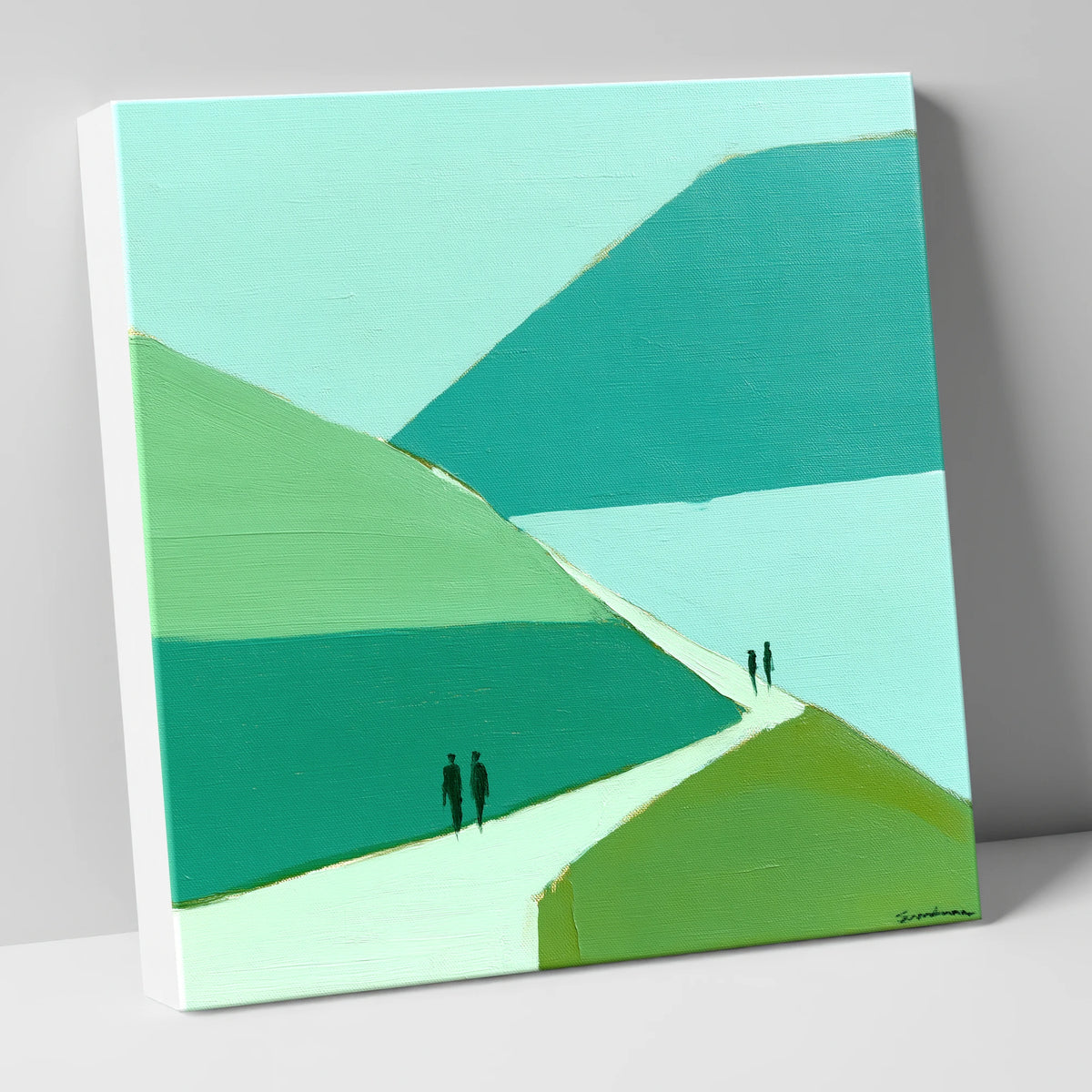 Walkers on Teal Mountain Path lake district walking canvas wall art